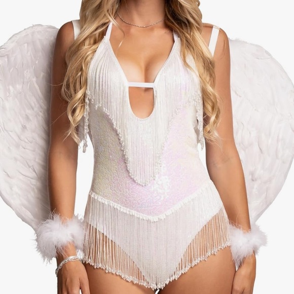 oh lollipop Other - White iridescent rave silver metallic bodysuit fringe cowgirl angel costume